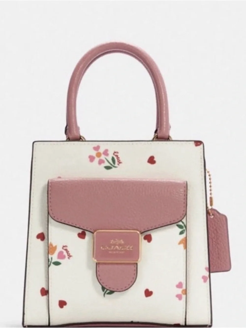 Coach Cream Mini Pepper Satchel with Pink Trim and Floral Hearts